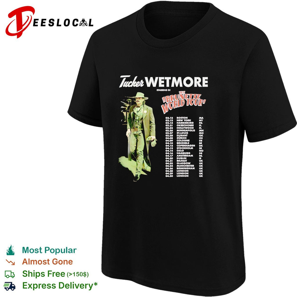 Male country singer Brunette World Tour 2025 concert city dates list dark shirt