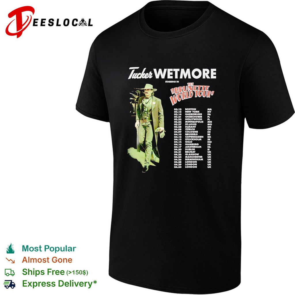 Male country singer Brunette World Tour 2025 concert city dates list dark shirt