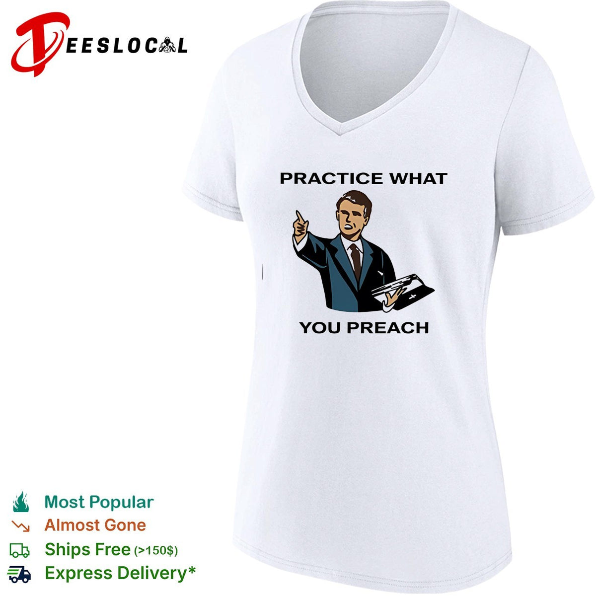 Male speaker practice what you preach shirt