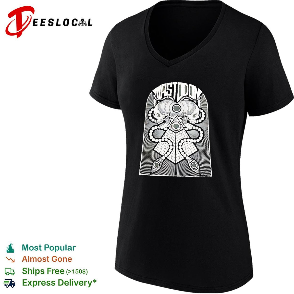 Mastodon band skulls and pyramid occult geometry symbol black and white ink shirt