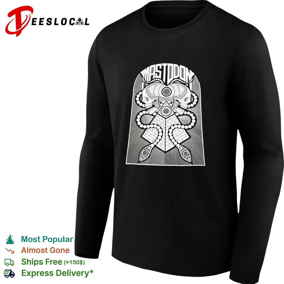 Mastodon band skulls and pyramid occult geometry symbol black and white ink shirt
