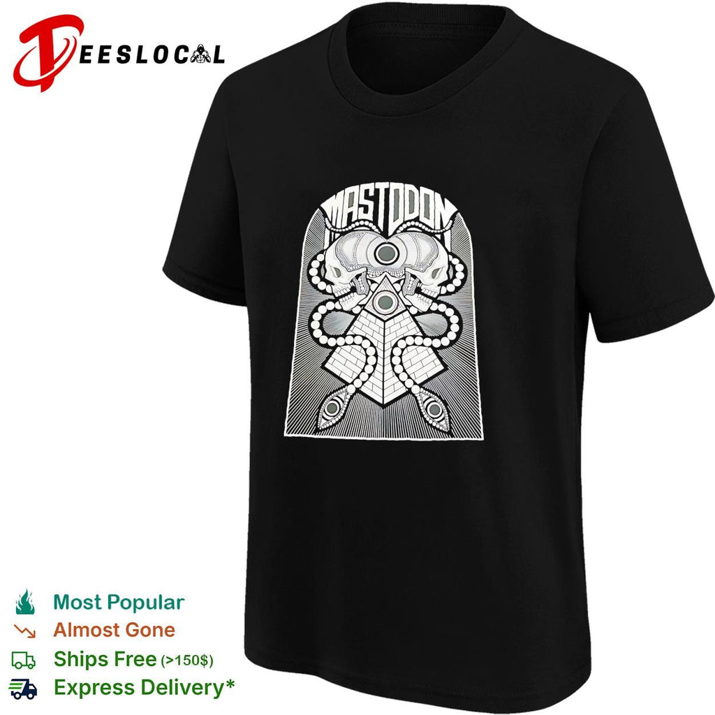 Mastodon band skulls and pyramid occult geometry symbol black and white ink shirt