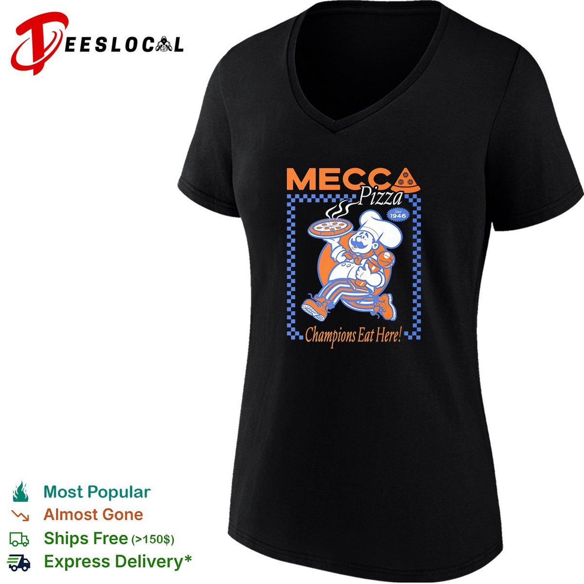 Mecca Pizza chef mascot champions eat here vintage badge shirt