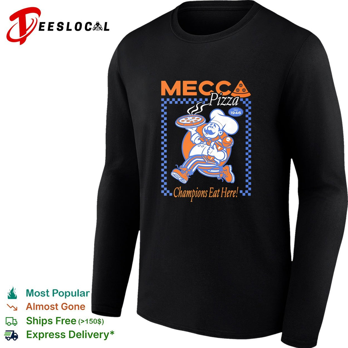 Mecca Pizza chef mascot champions eat here vintage badge shirt