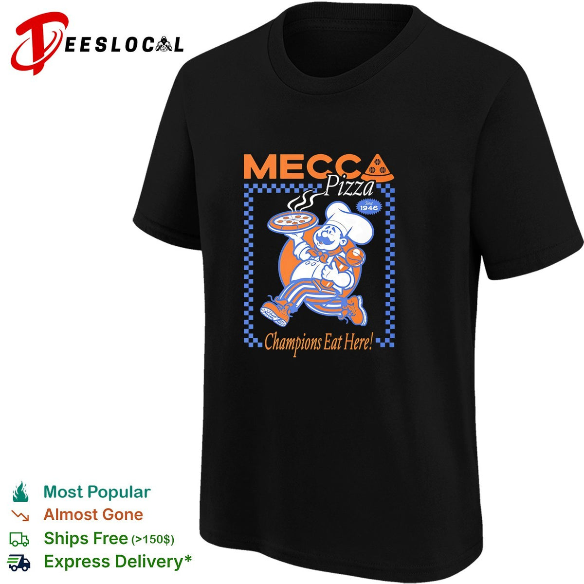 Mecca Pizza chef mascot champions eat here vintage badge shirt