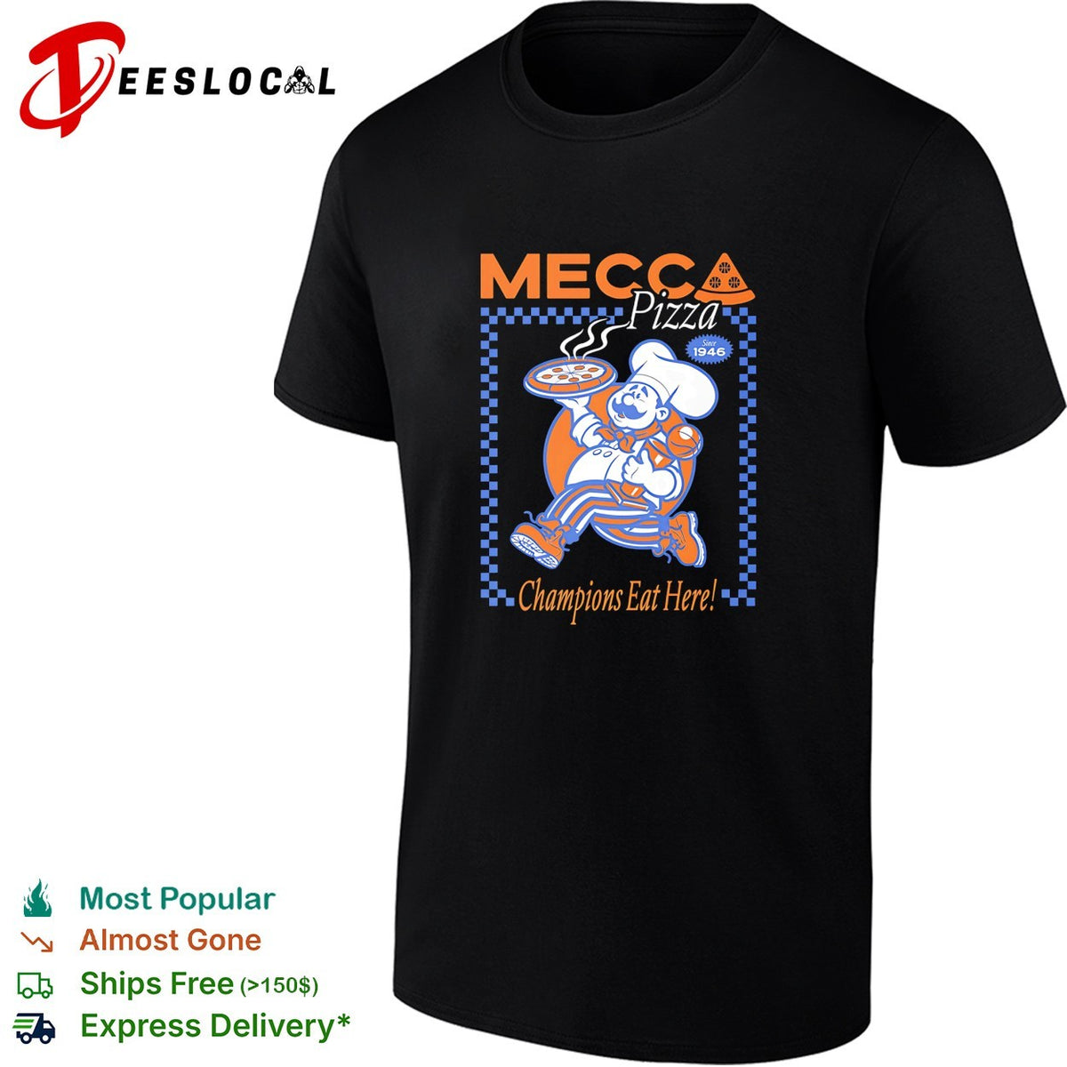 Mecca Pizza chef mascot champions eat here vintage badge shirt