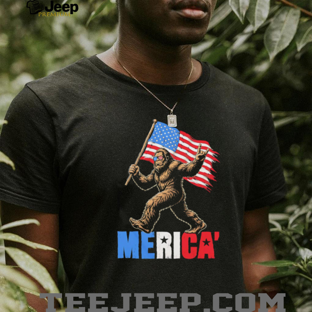 Merica Bigfoot Sasquatch Holding American Flag Patriot Graphic T Shirt