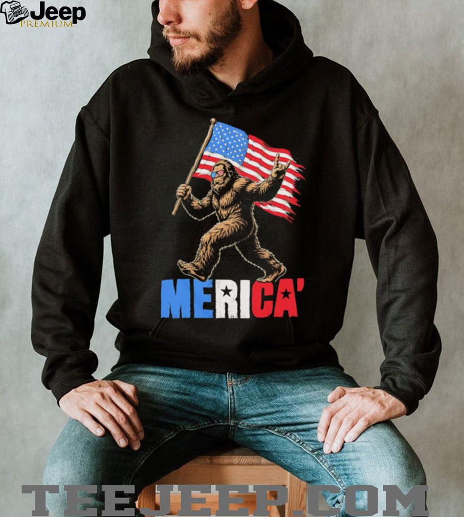 Merica Bigfoot Sasquatch Holding American Flag Patriot Graphic T Shirt