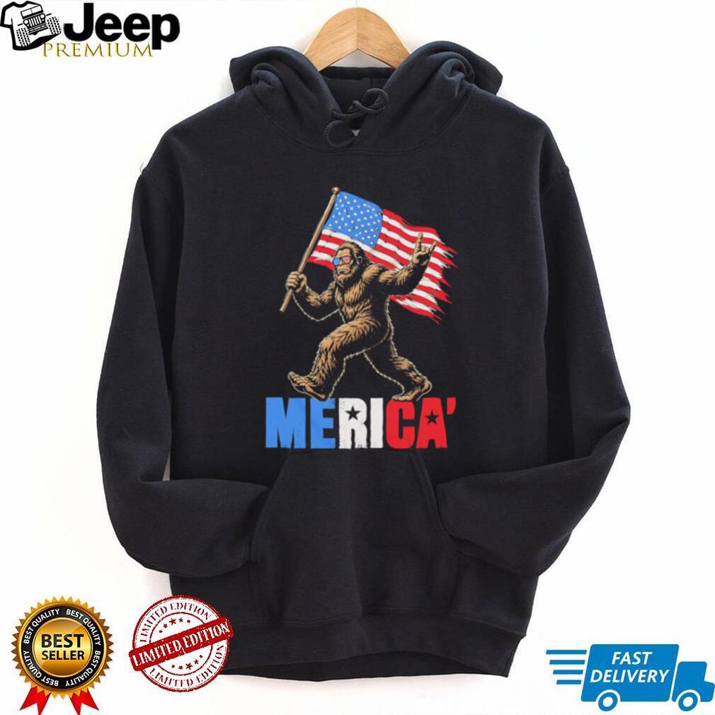 Merica Bigfoot Sasquatch Holding American Flag Patriot Graphic T Shirt