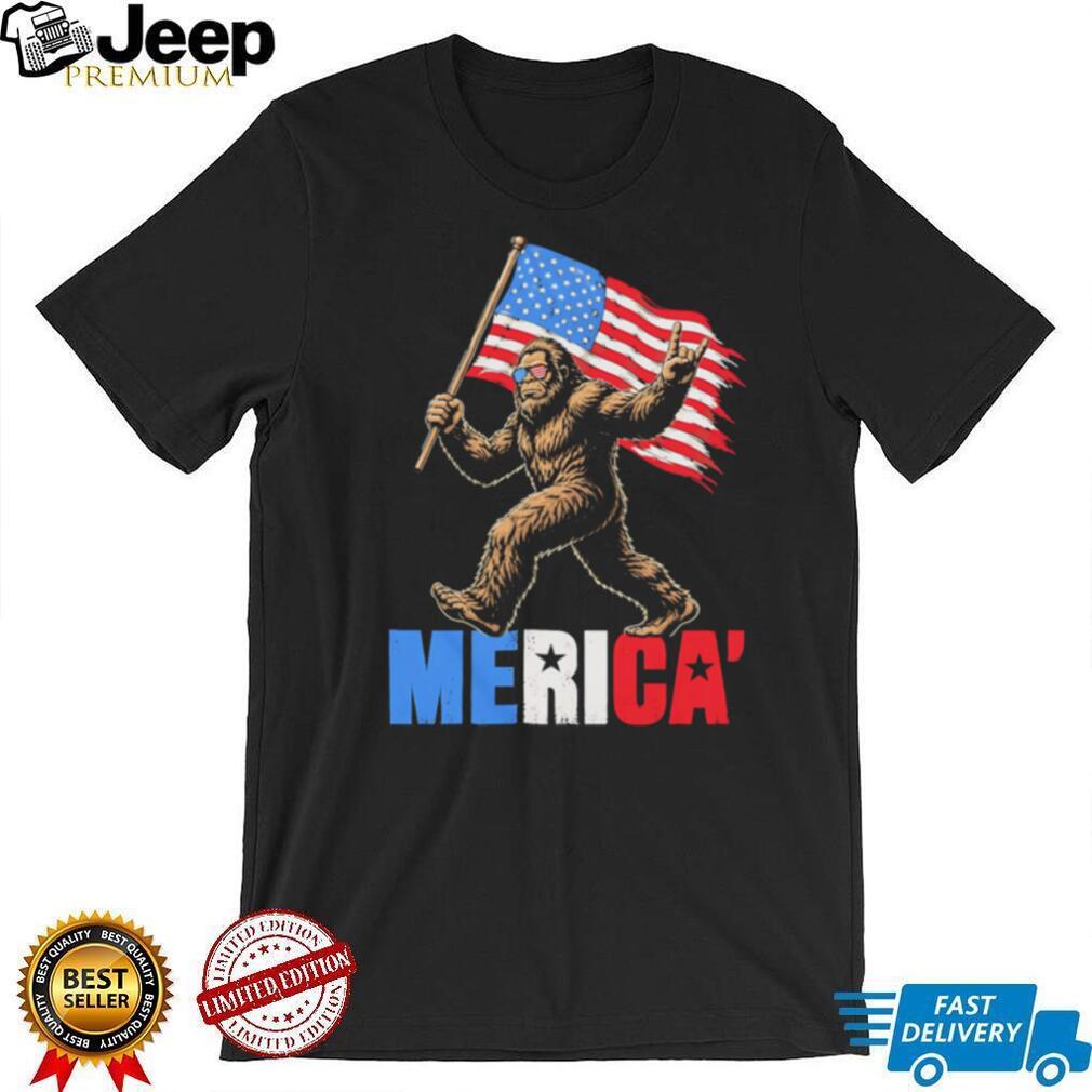 Merica Bigfoot Sasquatch Holding American Flag Patriot Graphic T Shirt