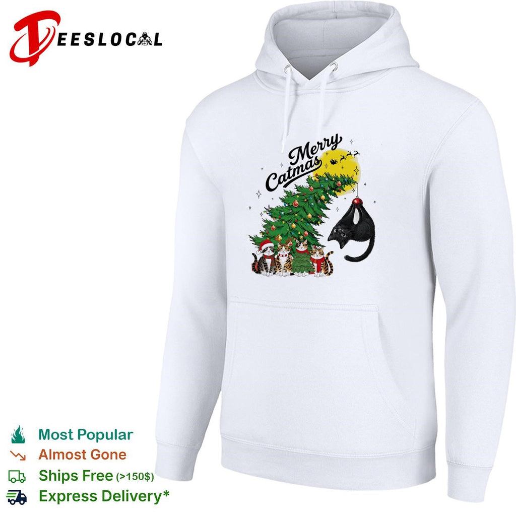 Merry Catmas cats around Christmas tree holiday humor shirt
