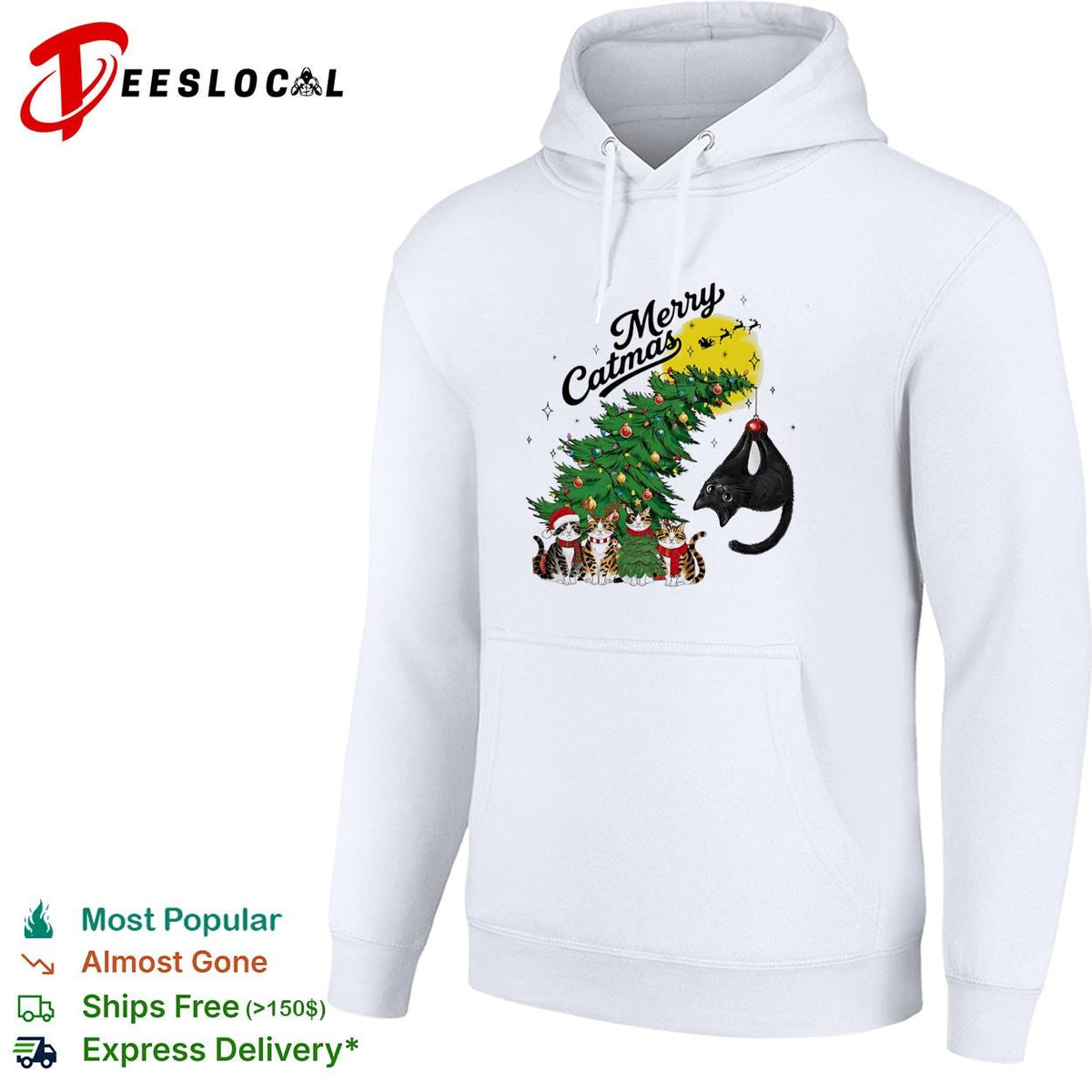 Merry Catmas cats around Christmas tree holiday humor shirt