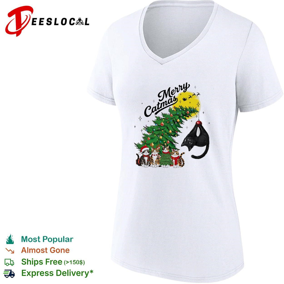 Merry Catmas cats around Christmas tree holiday humor shirt