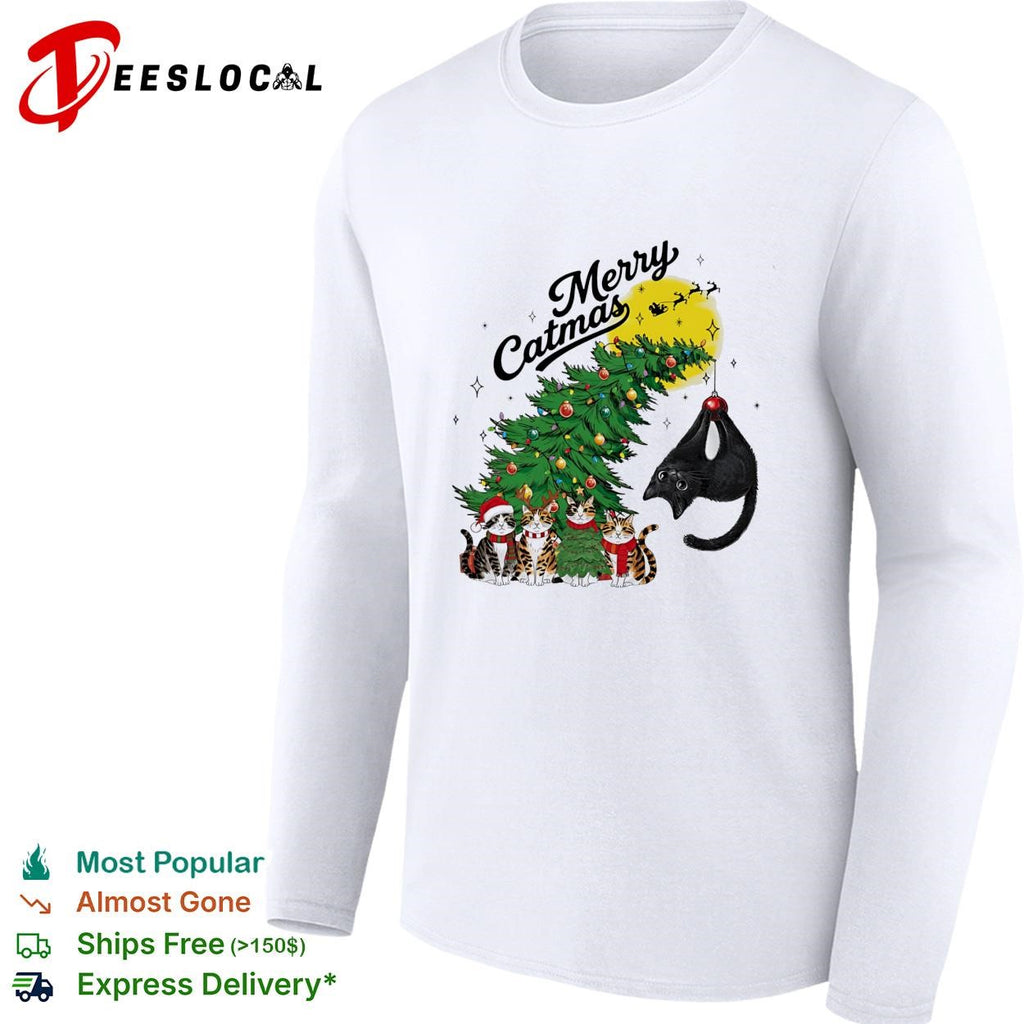 Merry Catmas cats around Christmas tree holiday humor shirt