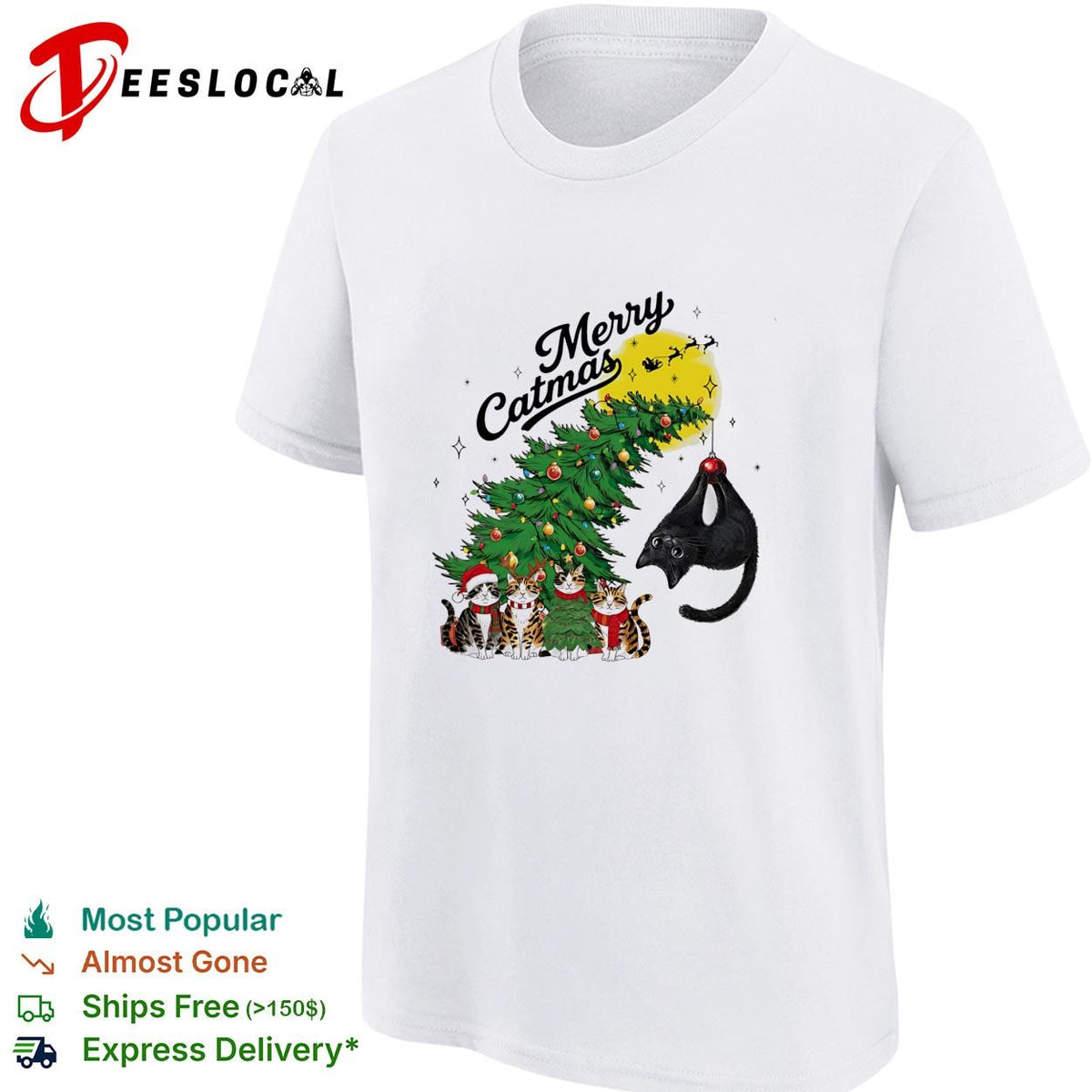 Merry Catmas cats around Christmas tree holiday humor shirt