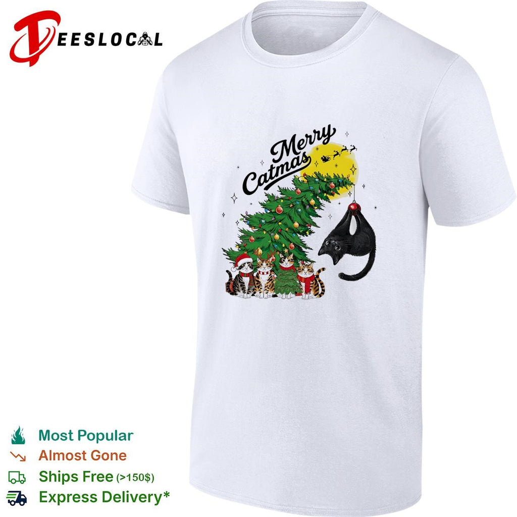 Merry Catmas cats around Christmas tree holiday humor shirt