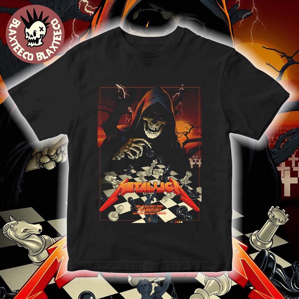 Metallica M72 Frankfurt 2026 Pop Up Shop Poster At Frankfurt Germany Deutsche Bank Park On 22 And 24 May 2026 Skeleton Playing Chess Art T-Shirt