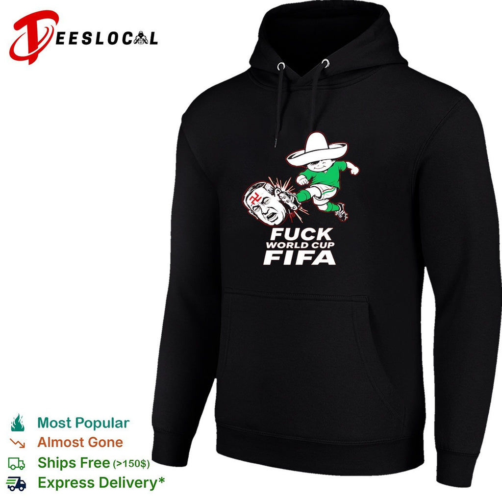 Mexico soccer mascot kicking World Cup anti-FIFA red bold shirt