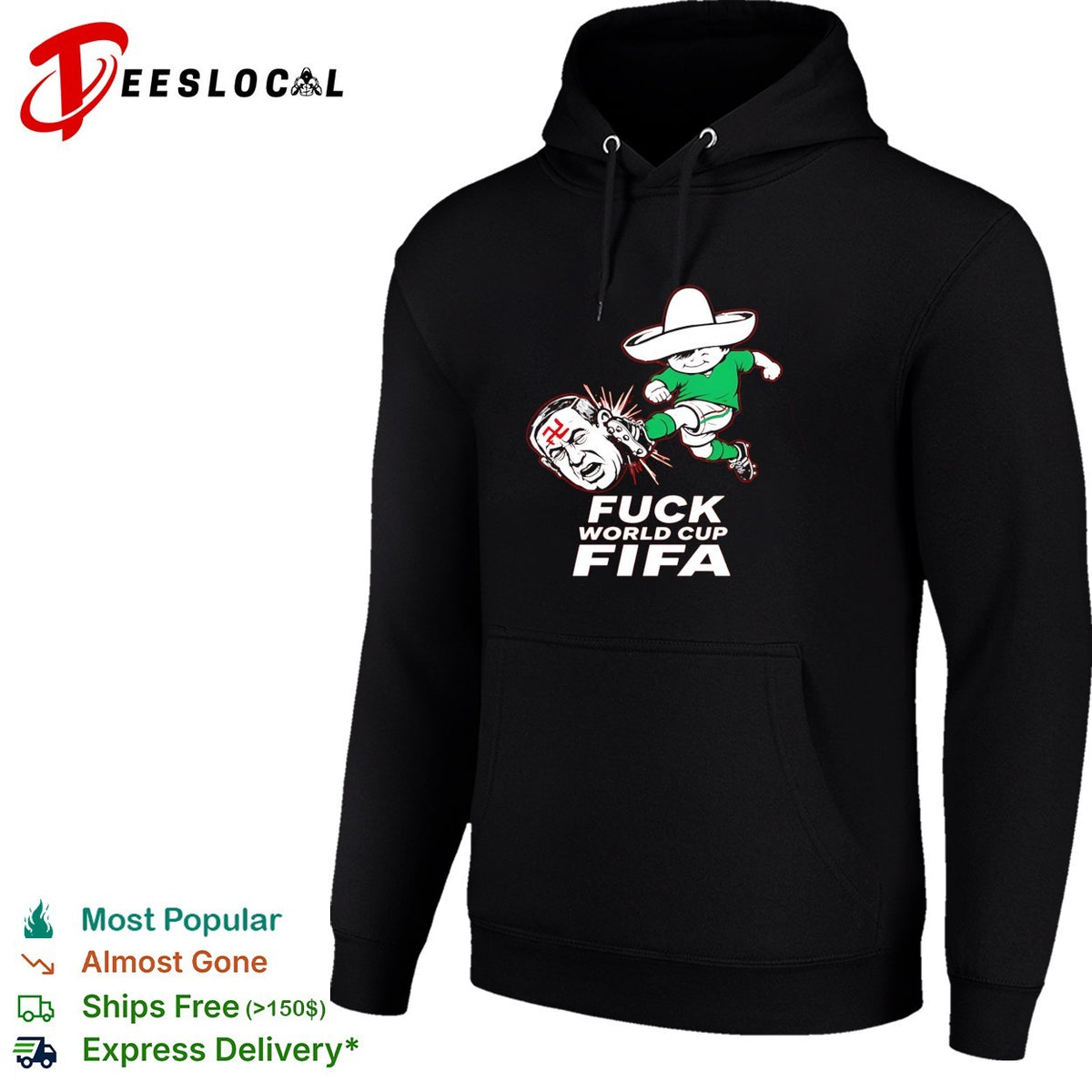 Mexico soccer mascot kicking World Cup anti-FIFA red bold shirt