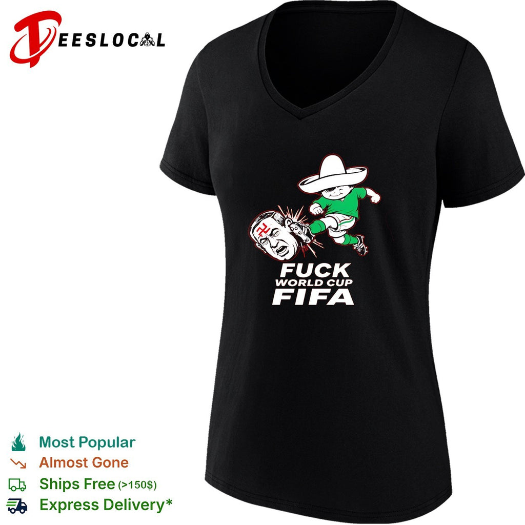 Mexico soccer mascot kicking World Cup anti-FIFA red bold shirt