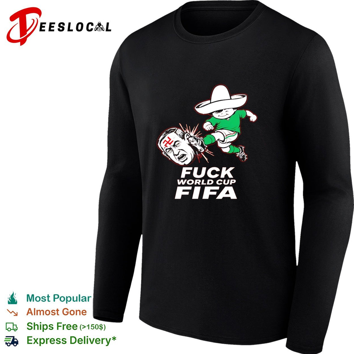 Mexico soccer mascot kicking World Cup anti-FIFA red bold shirt