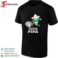 Mexico soccer mascot kicking World Cup anti-FIFA red bold shirt