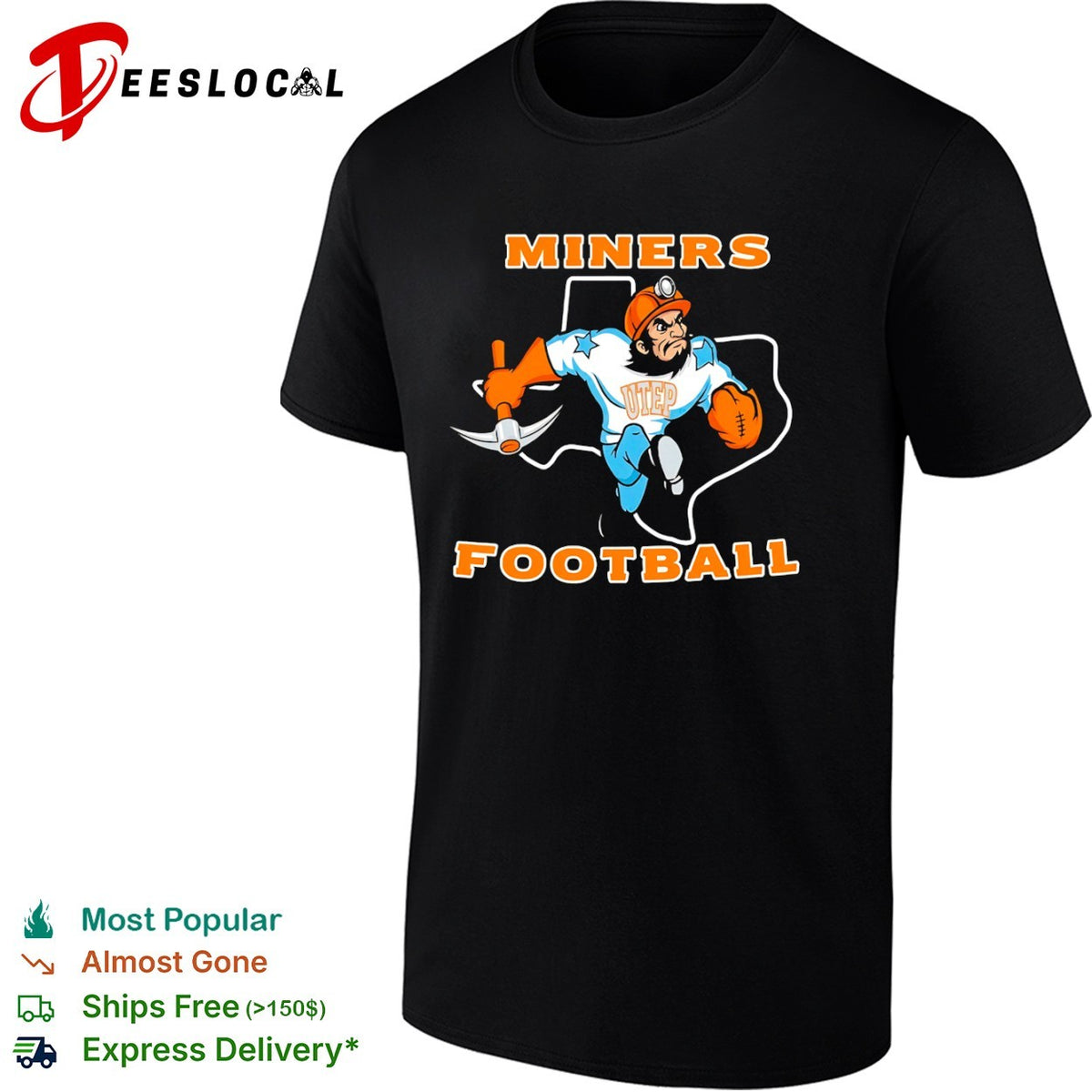 Miners Football UTEP Miners Texas Map Mascot Action shirt