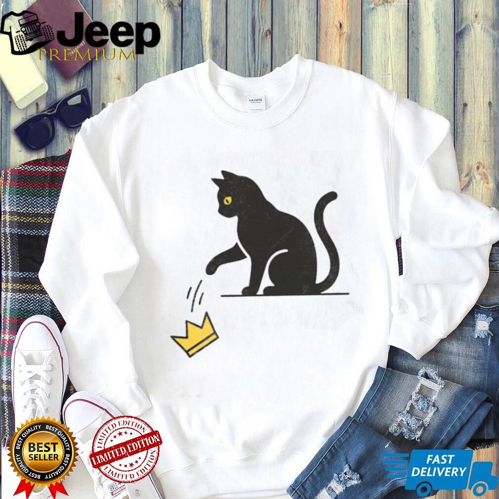 Minimalist Black Cat Knocking Over Crown Graphic T Shirt