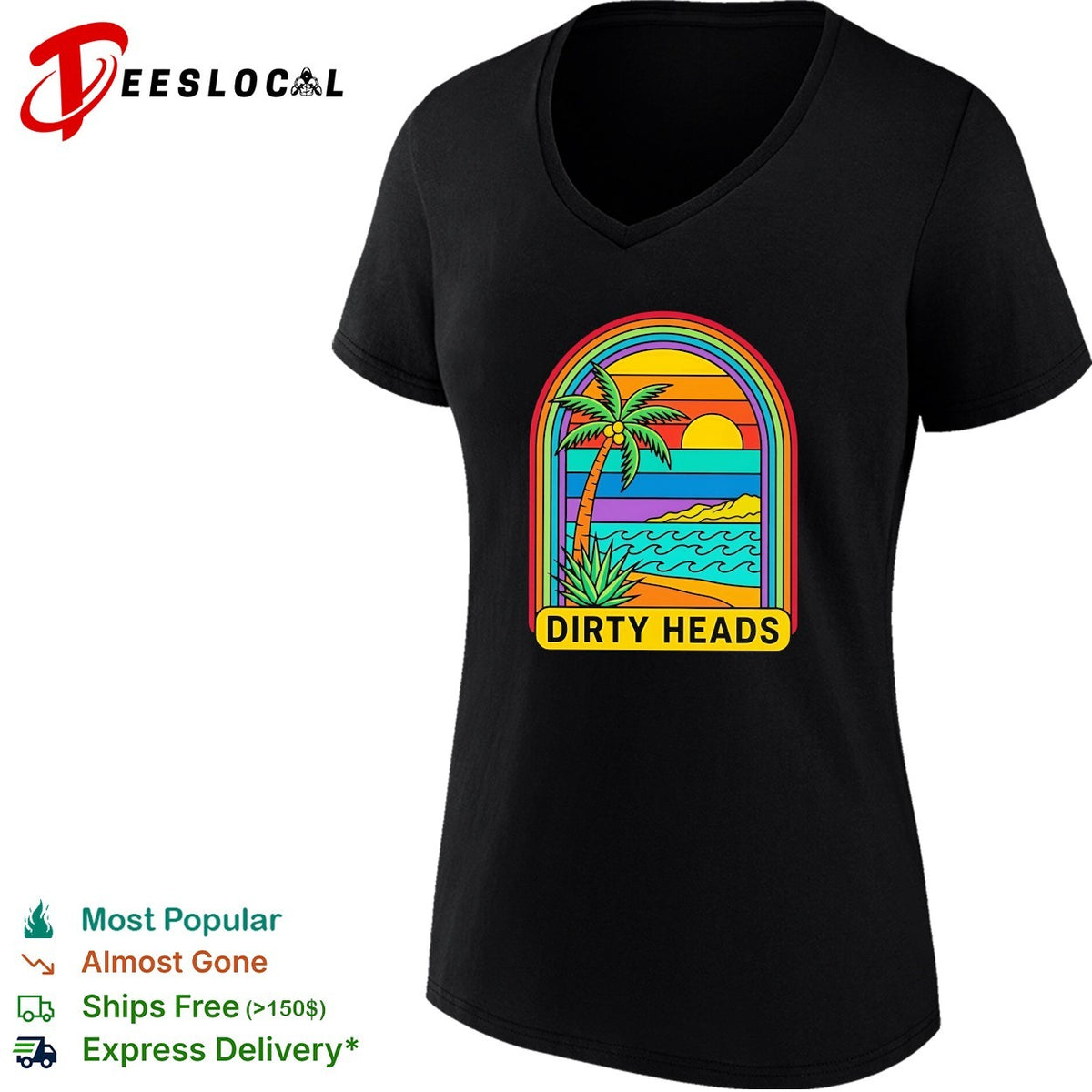 Tropical beach palm tree rainbow arch sunset vintage poster art shirt