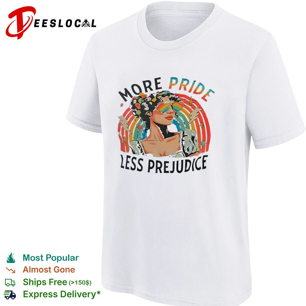 More Pride Less Prejudice Rainbow Heart Sunglasses Pride Month Themed Adult shirt