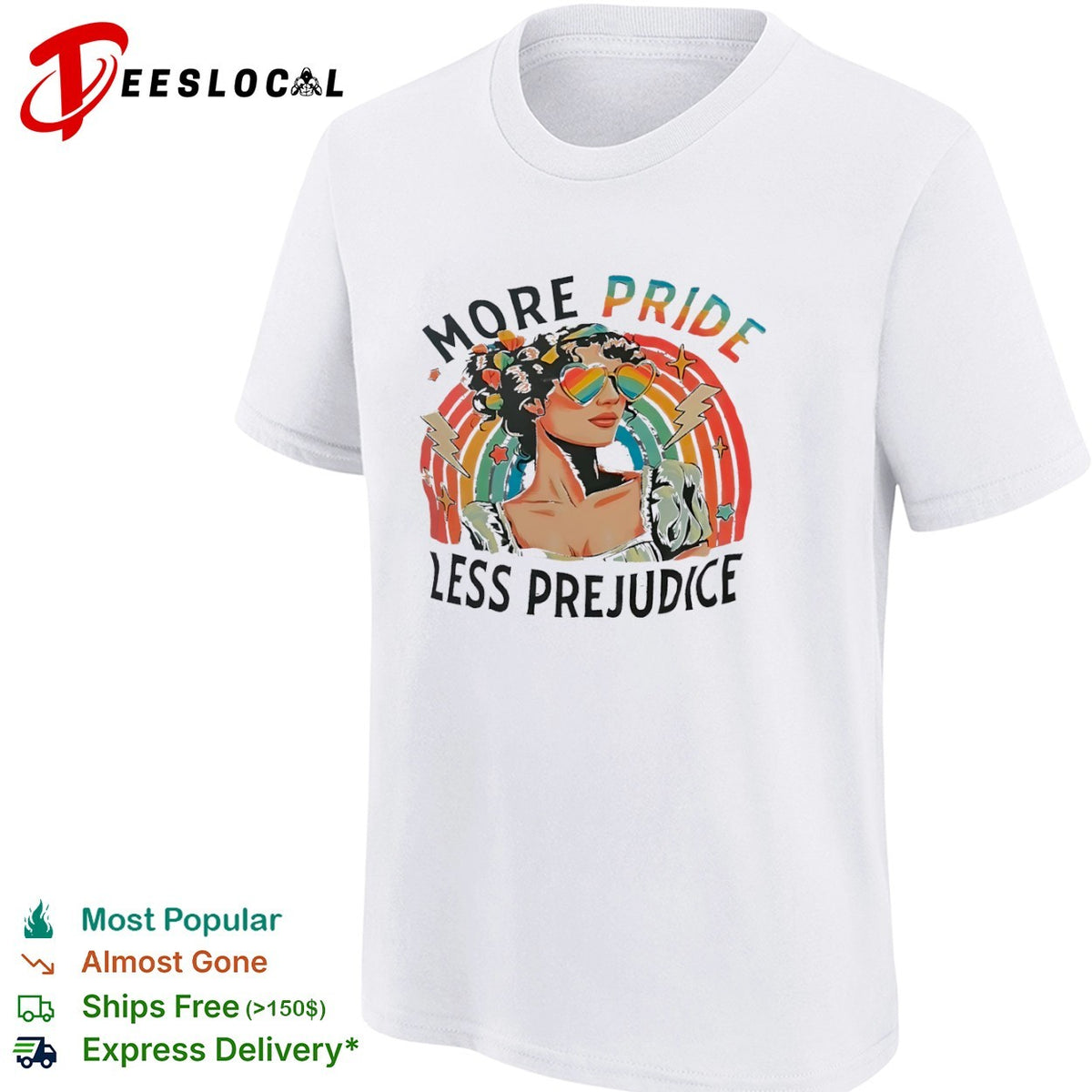 More Pride Less Prejudice Rainbow Heart Sunglasses Pride Month Themed Adult shirt