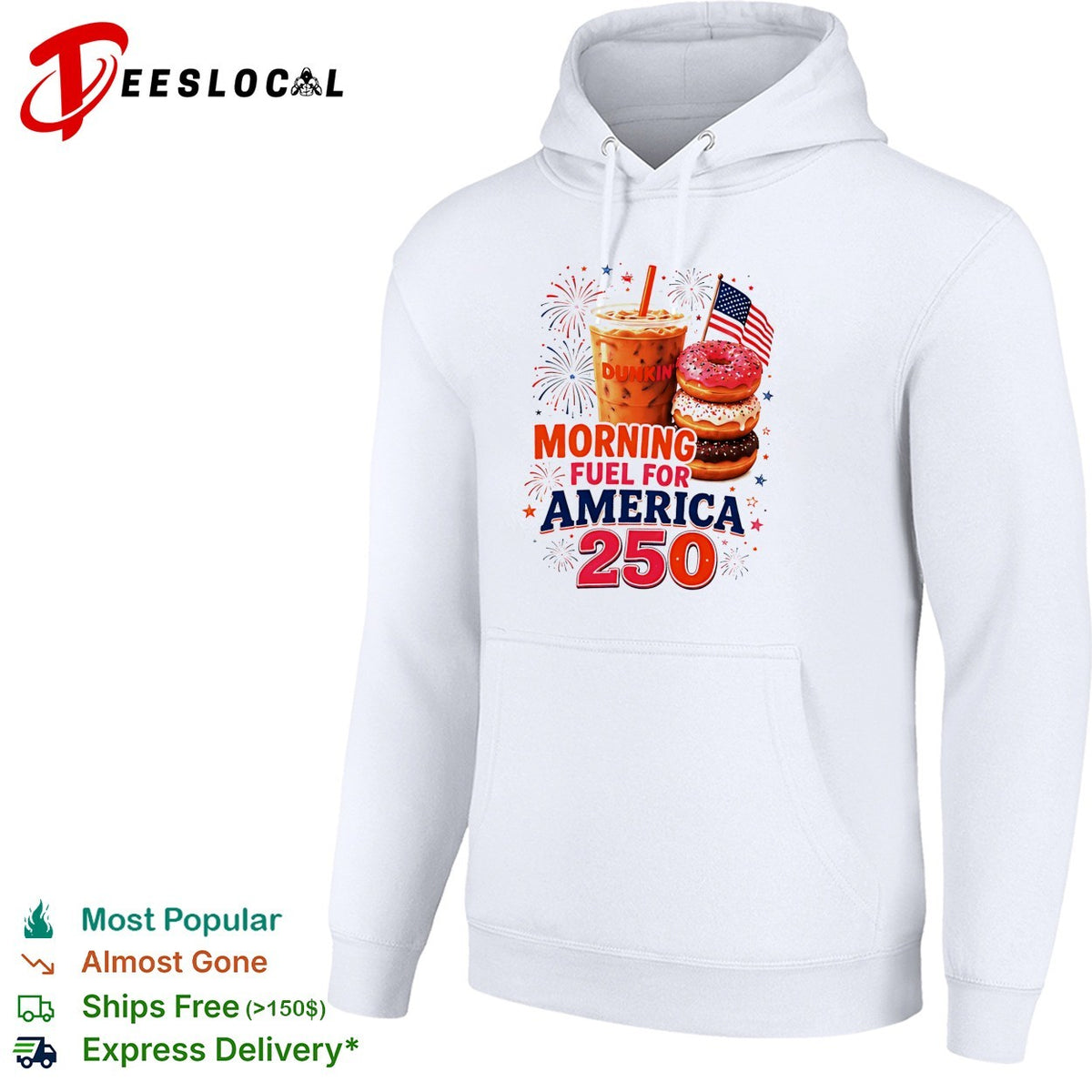 Morning fuel for America 250 iced coffee and donuts patriotic fireworks shirt