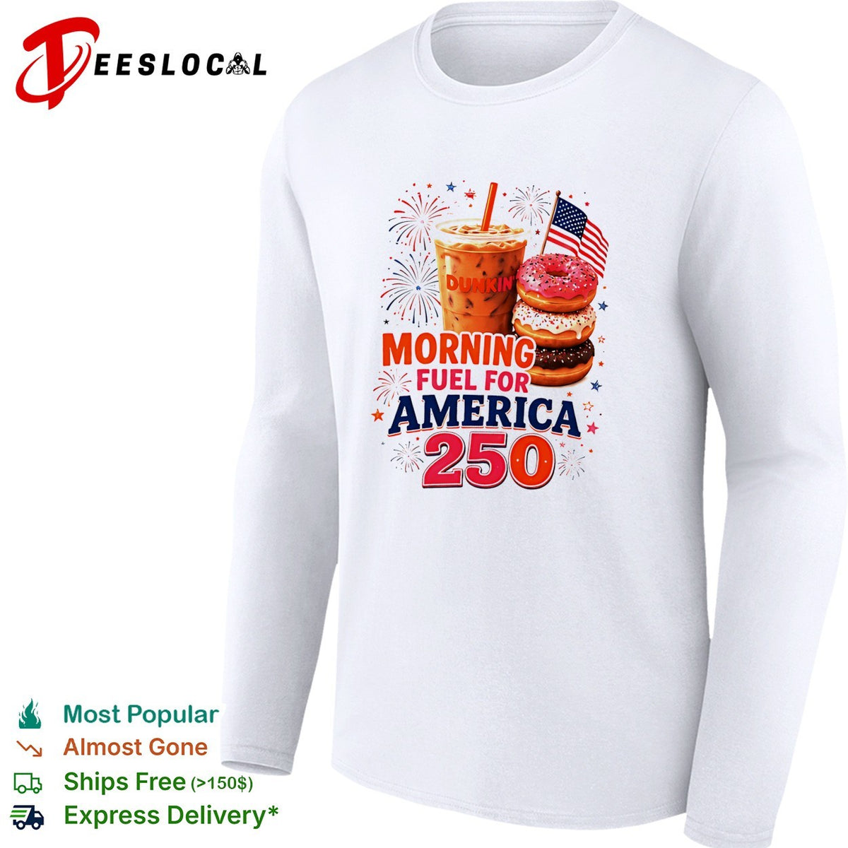 Morning fuel for America 250 iced coffee and donuts patriotic fireworks shirt