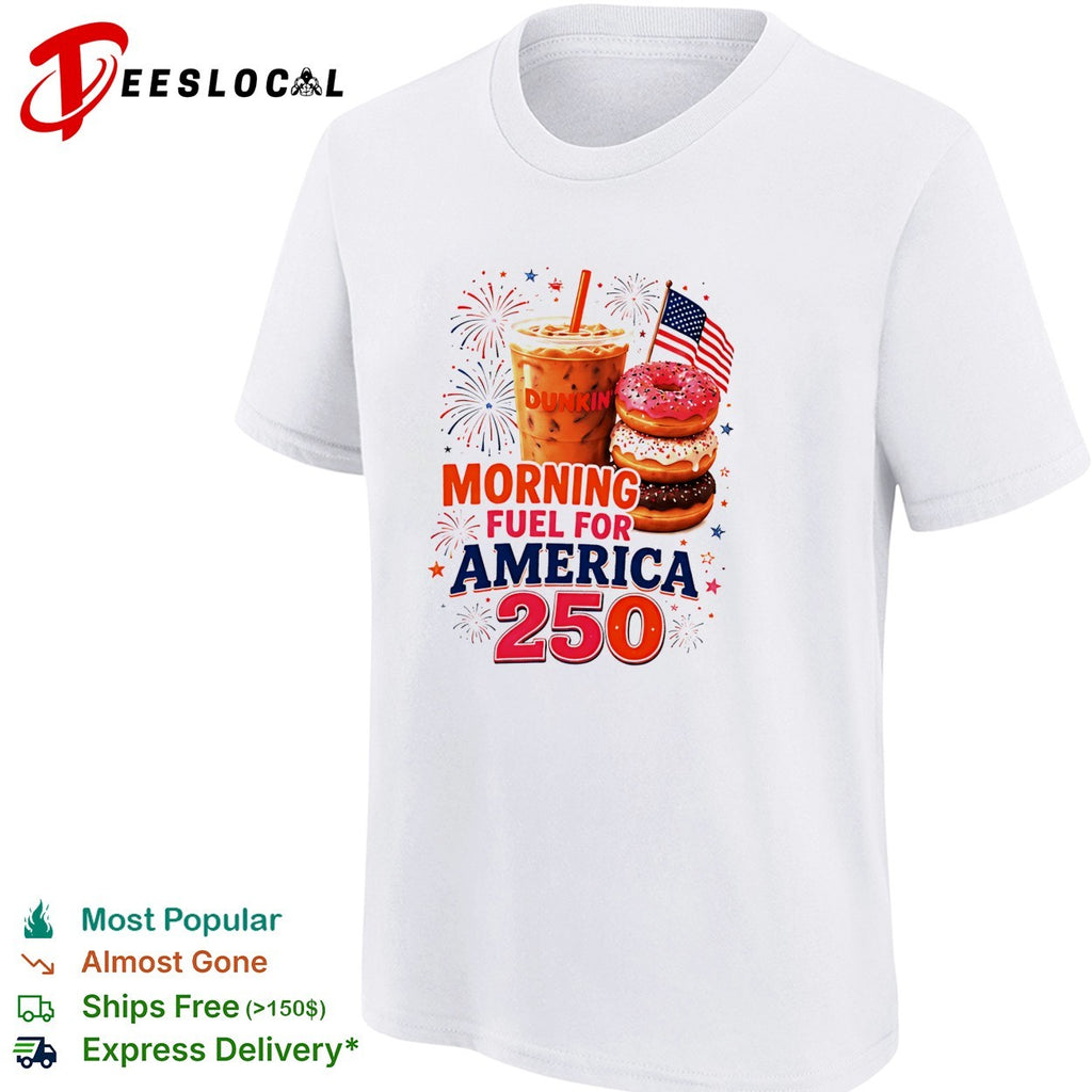 Morning fuel for America 250 iced coffee and donuts patriotic fireworks shirt