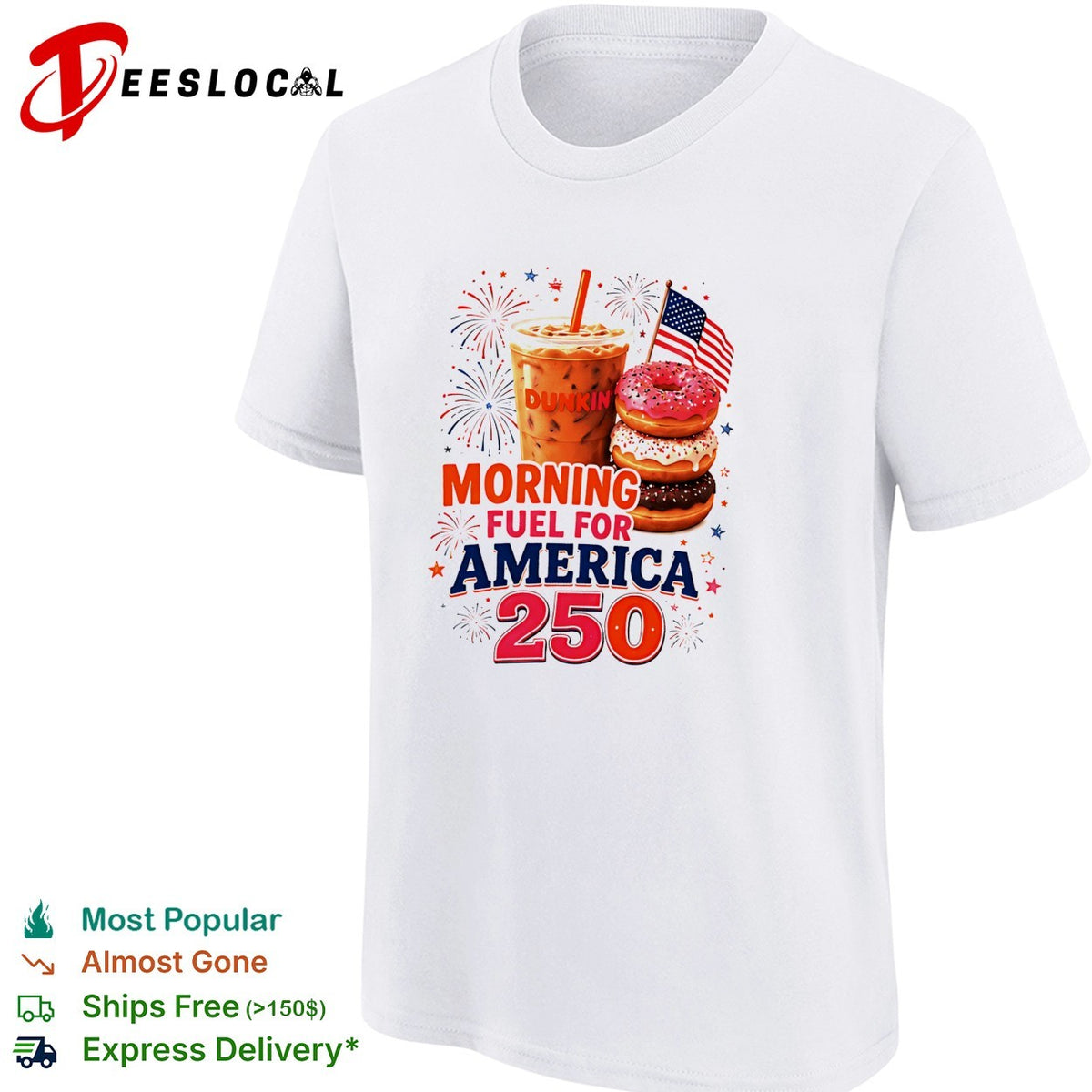 Morning fuel for America 250 iced coffee and donuts patriotic fireworks shirt