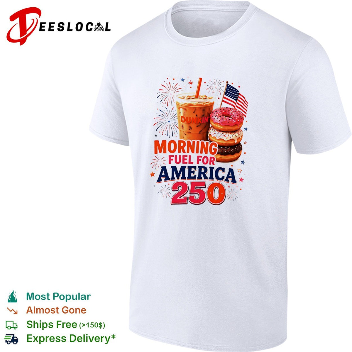 Morning fuel for America 250 iced coffee and donuts patriotic fireworks shirt