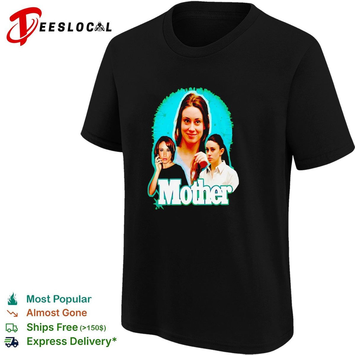 Mother true crime photo montage bold white lettering dark graphic shirt
