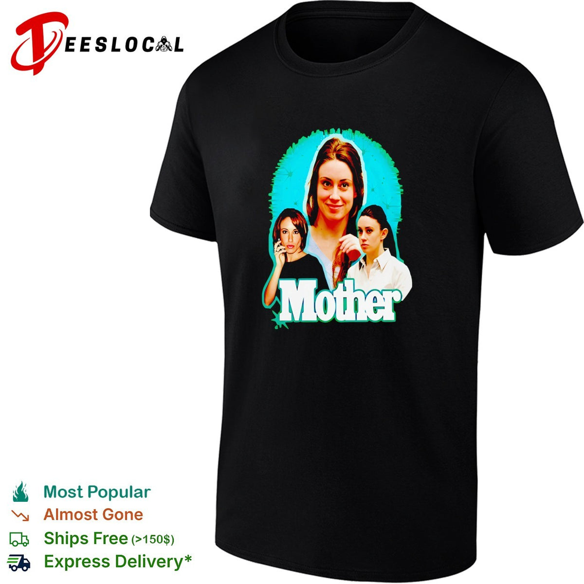 Mother true crime photo montage bold white lettering dark graphic shirt