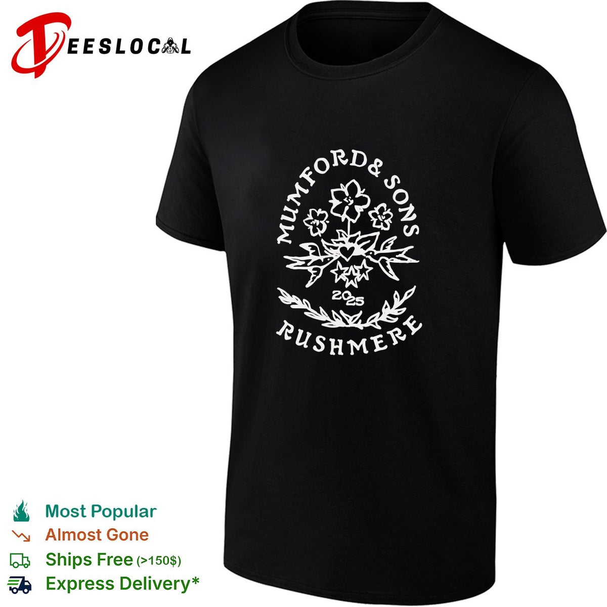 Mumford and Sons Rushmere 2025 floral wreath logo shirt