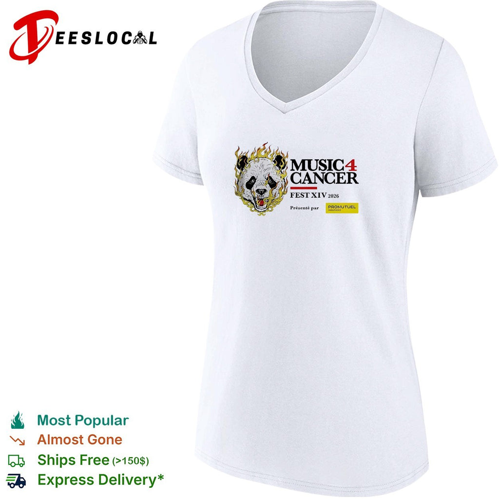 Music 4 Cancer Fest XIV 2026 flaming panda artistic event promotional white shirt
