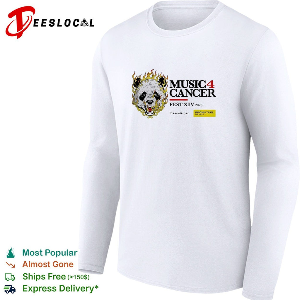 Music 4 Cancer Fest XIV 2026 flaming panda artistic event promotional white shirt