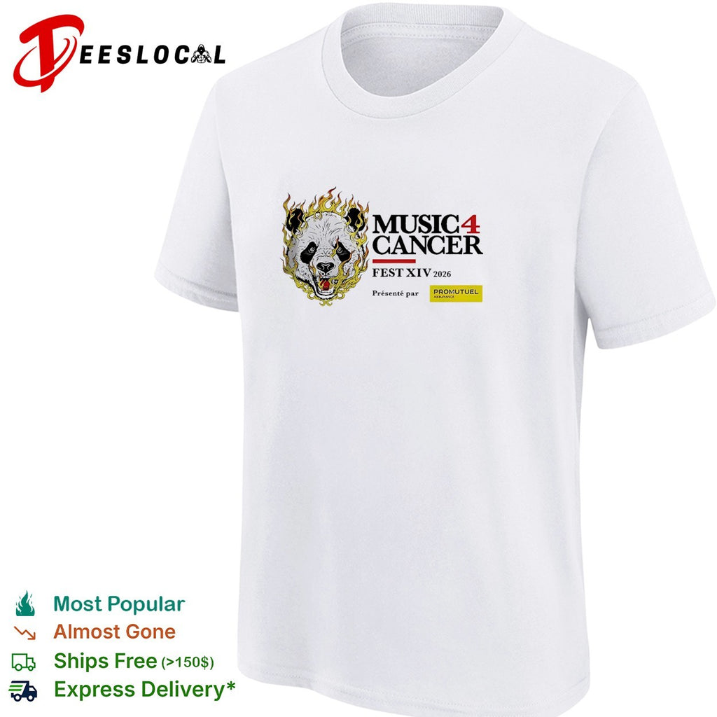Music 4 Cancer Fest XIV 2026 flaming panda artistic event promotional white shirt