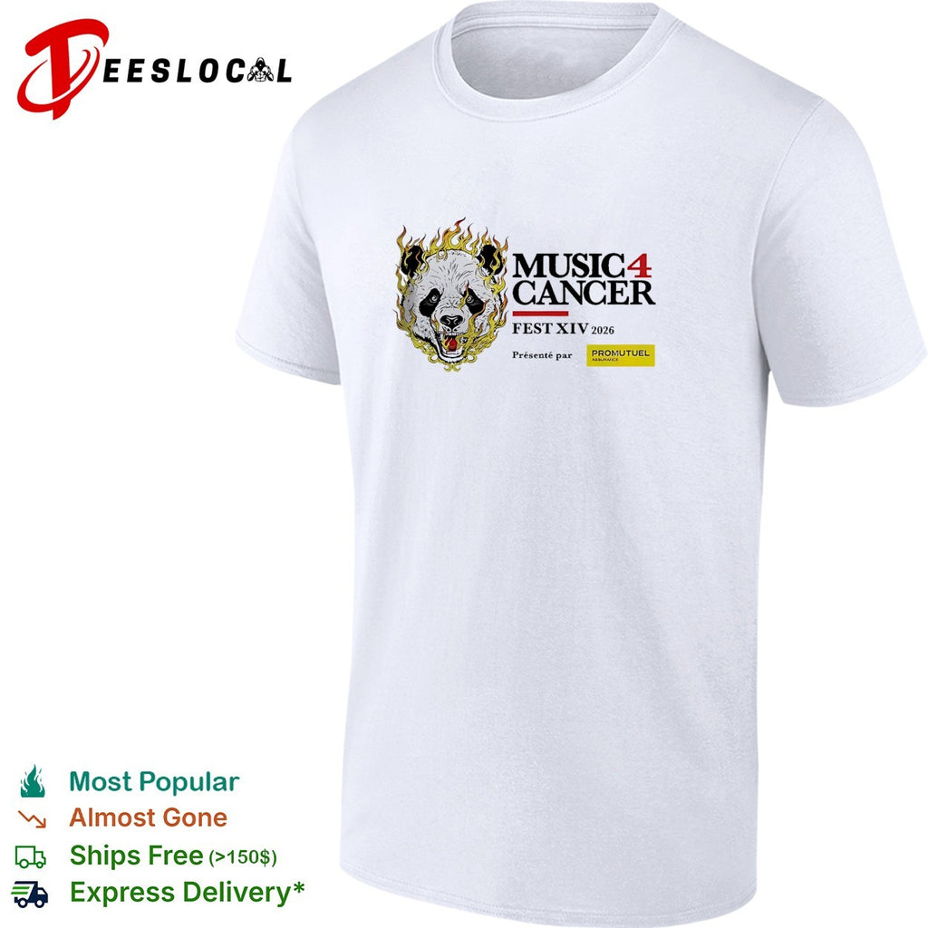 Music 4 Cancer Fest XIV 2026 flaming panda artistic event promotional white shirt