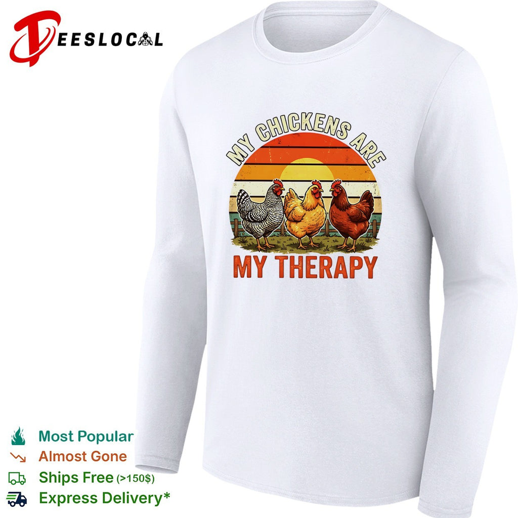 My chickens are my therapy three hens retro sunset illustration graphic shirt