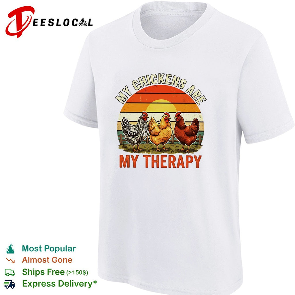 My chickens are my therapy three hens retro sunset illustration graphic shirt
