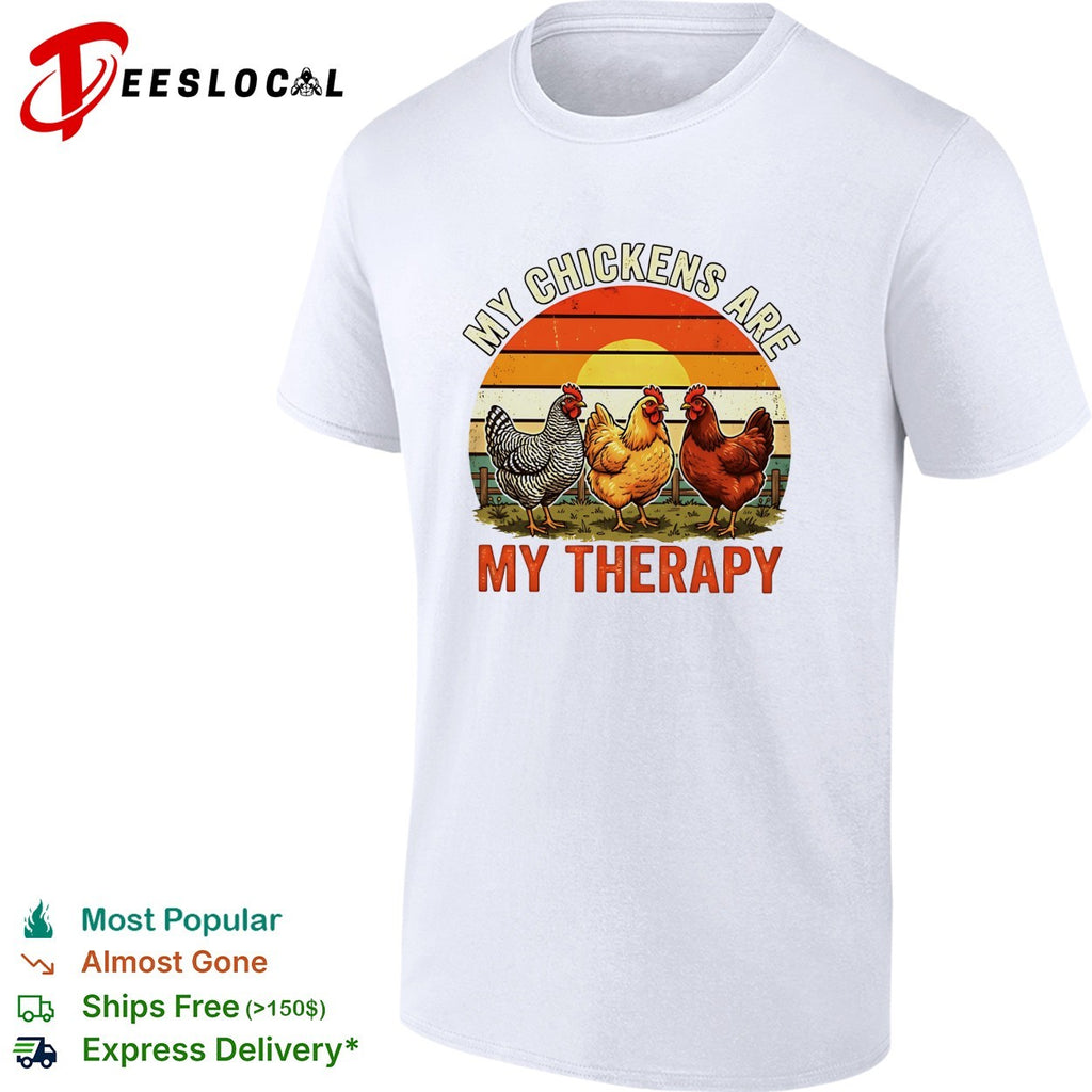 My chickens are my therapy three hens retro sunset illustration graphic shirt
