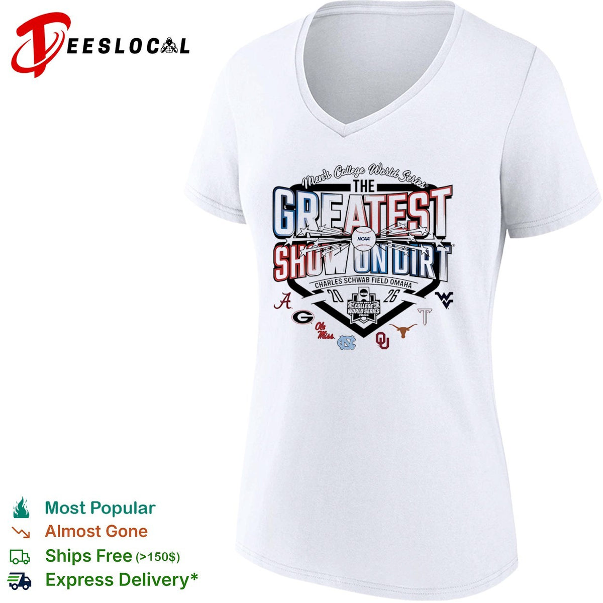 NCAA Mens College World Series the greatest show on dirt Field Omaha 2026 team logos shirt