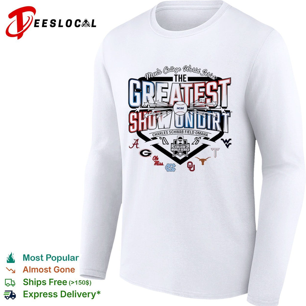 NCAA Mens College World Series the greatest show on dirt Field Omaha 2026 team logos shirt