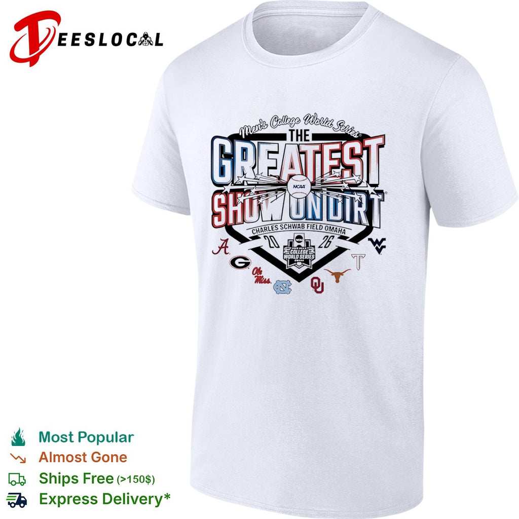 NCAA Mens College World Series the greatest show on dirt Field Omaha 2026 team logos shirt