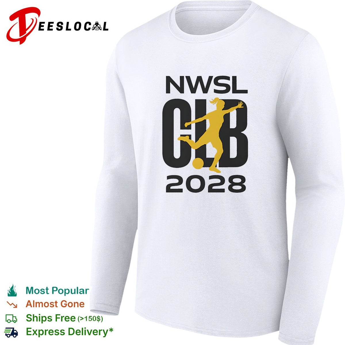 NWSL Club 2028 yellow soccer player silhouette bold lettering graphic shirt